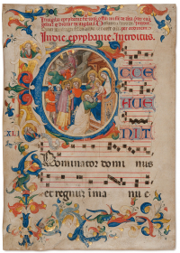 Leaf from a Gradual Depicting The Adoration of the Magi (from The Life of Christ) and a Historicised Initial “E” (‘Ecce avenit’) Don Simone Camaldolese and workshop Florence, Italy, c.1380–1390 Tempera, gold and ink on vellum H. 592 mm; W. 415 mm