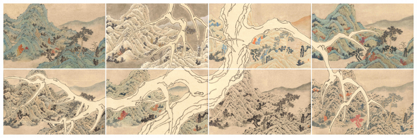 Meta-3
YAU Wing Fung (*1990 in Hong Kong)
2024
Ink and colour on paper
set of 8
H 89 x W 278 cm (H 44.5 x W 69.5 cm each)
 