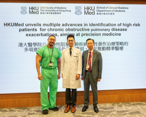 The HKUMed researchers indicated that sputum analysis and blood counts at various time points can be used to accurately predict the risk of acute COPD exacerbations. (From left: Dr Samuel Chan Shung-kay, Dr Herbert Kwok Wang-chun, and Dr James Ho Chung-man)
 