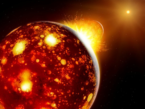 An artist’s impression of the Earth–Theia impact, with the Sun in the background, illustrating the idea that Theia originated close to the Sun. Image credit: MPS / Mark A. Garlick.
